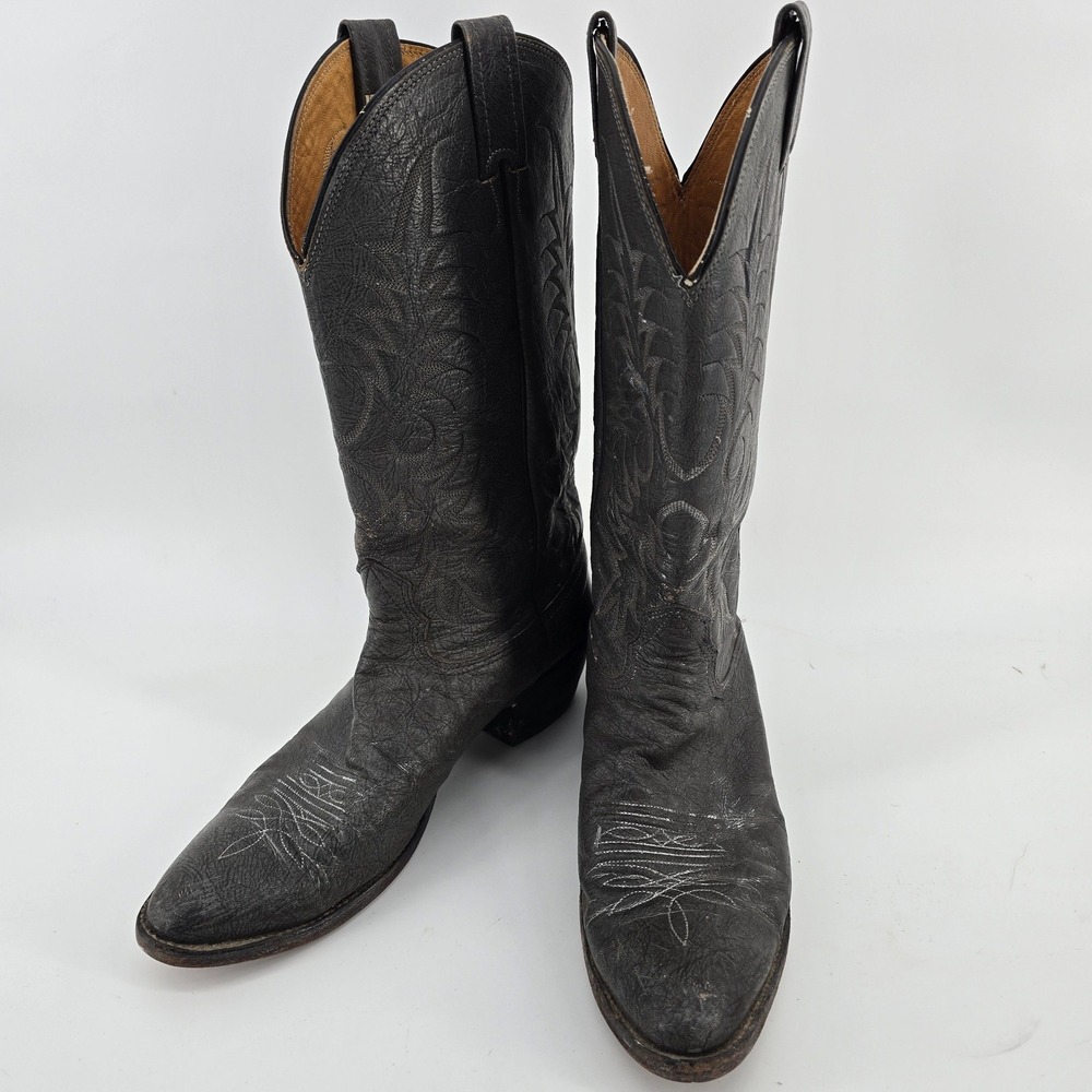 Nocona Vintage Western Mens Boots 10.5 B Black Leather Distressed Stitched